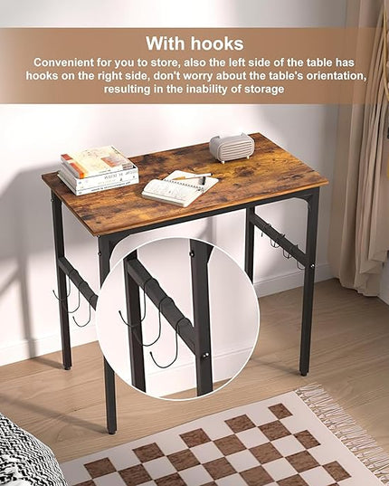 VECELO 32 Inch Small Computer Stable Writing Study Work 4 Hooks Adjustable Feet Wooden Desk for Home,Bedroom,Rusic Brown, 32Inches - LeafyLoom