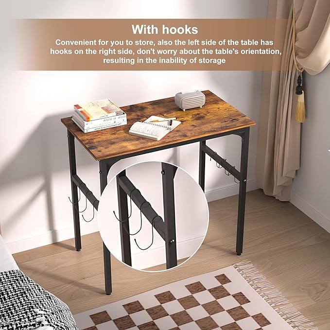 VECELO 32 Inch Small Computer Stable Writing Study Work 4 Hooks Adjustable Feet Wooden Desk for Home,Bedroom,Rusic Brown, 32Inches - LeafyLoom
