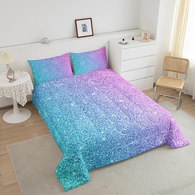 Colorful Glitter Bedding Queen Girly Turquoise Teal Blue Pink Pastel Girls Comforter Set 3 Pcs Trendy Quilt Duvet for Kid Women Down Comforter with Sparkle Sequin Pattern Bling Bedroom Decor Bed Cover - LeafyLoom