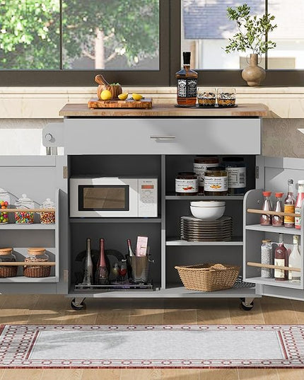 RITSU 39" Rolling Kitchen Island Cart, Indoor Bar Storage Cabinet Organizer with Divider Internal Cabinet Rack, Portable Movable Table w/Adjustable Shelf Towel Rack, for Dining Room, Grey - LeafyLoom
