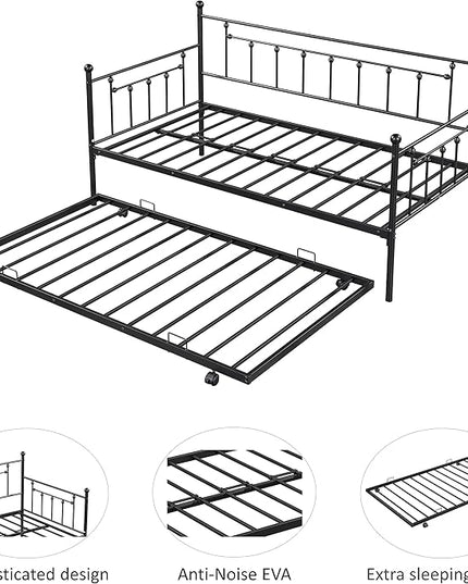 Twin Size Daybed with Trundle,Heavy-Duty Sturdy Metal Bed Frame,Noise Reduced,No Box Spring Needed,for Living Room Bedroom Apartment,Black - LeafyLoom