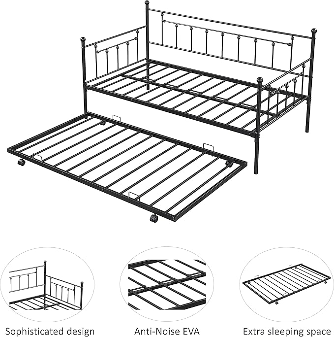 Twin Size Daybed with Trundle,Heavy-Duty Sturdy Metal Bed Frame,Noise Reduced,No Box Spring Needed,for Living Room Bedroom Apartment,Black - LeafyLoom