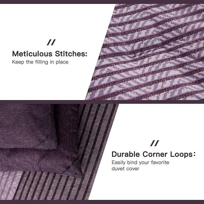 Litanika Purple King Comforter Set, 3 Pieces Striped Bedding Set, Lightweight Soft All Season Down Alternative Comforter Set with Corner Loops (1 Gray&Purple Comforter, 2 Pillowcases) - LeafyLoom