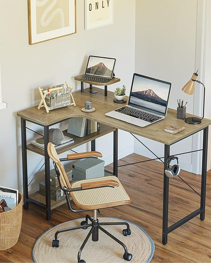 BANTI 43 Inch Corner Computer Desk with Left Storage Shelves, Small L Shaped Office Desk with Top Shelf, Study Writing Table, Mocha - LeafyLoom