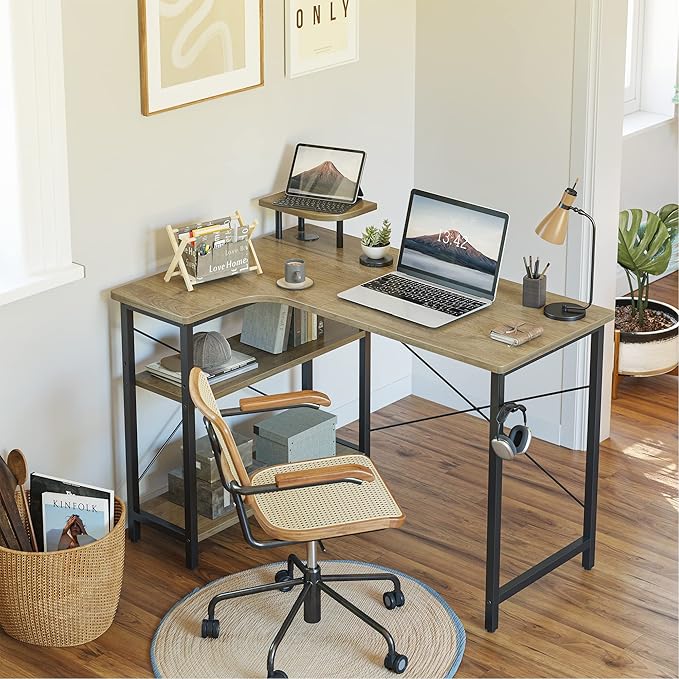 BANTI 43 Inch Corner Computer Desk with Left Storage Shelves, Small L Shaped Office Desk with Top Shelf, Study Writing Table, Mocha - LeafyLoom