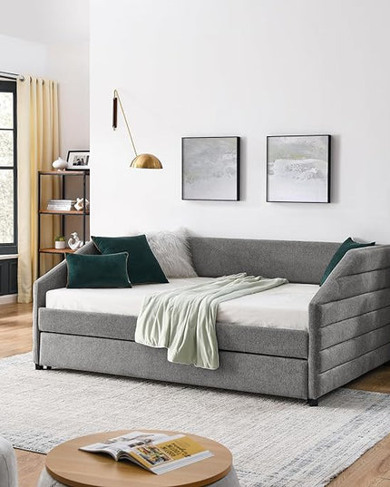 Linen Upholstered Full Size Daybed with Trundle, Solid Wood Tufted Sofa Bed Frame w/Pull Out Bed for Guest Room, Bedroom, Dorm, No Box Spring Needed, Grey - LeafyLoom