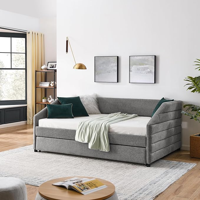 Linen Upholstered Full Size Daybed with Trundle, Solid Wood Tufted Sofa Bed Frame w/Pull Out Bed for Guest Room, Bedroom, Dorm, No Box Spring Needed, Grey - LeafyLoom