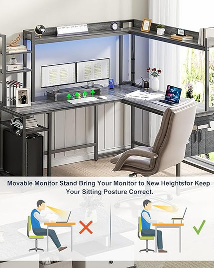 Aheaplus L Shaped Desk with Power Outlet, L Shaped Gaming Desk with Led Light & Hutch, Reversible Home Office Desk, Corner Computer Desk Writing Desk with Monitor Stand & Storage Shelves, Grey Oak - LeafyLoom
