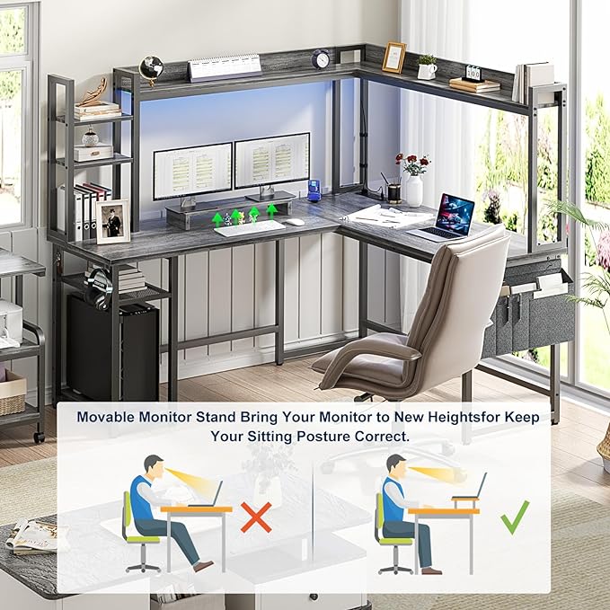Aheaplus L Shaped Desk with Power Outlet, L Shaped Gaming Desk with Led Light & Hutch, Reversible Home Office Desk, Corner Computer Desk Writing Desk with Monitor Stand & Storage Shelves, Grey Oak - LeafyLoom