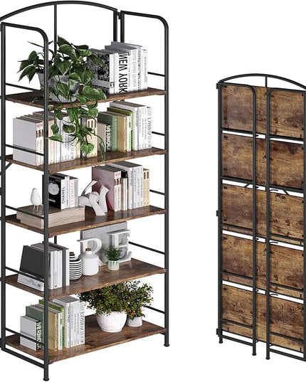 No Assembly Folding Bookshelf, Metal Book Shelf for Storage, Folding Bookcase for Office Organization and Storage (Firestone, 5 Tiers) - LeafyLoom