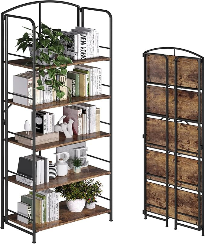 No Assembly Folding Bookshelf, Metal Book Shelf for Storage, Folding Bookcase for Office Organization and Storage (Firestone, 5 Tiers) - LeafyLoom