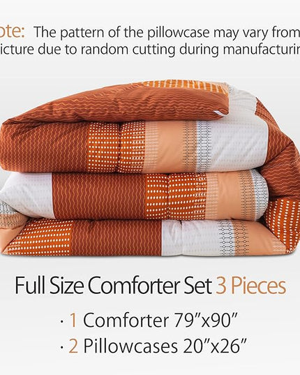 Andency Stripe Comforter Set Full Size (79x90 Inch), 3 Pieces Terracotta Patchwork Striped Comforter, Soft Microfiber Down Alternative Comforter Bedding Set with Corner Loops - LeafyLoom