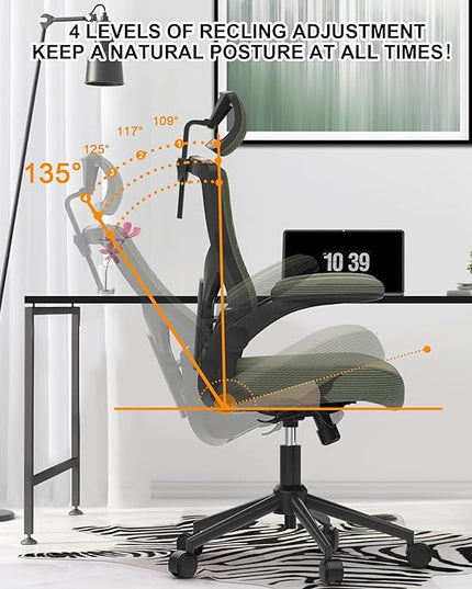 𝑯𝑶𝑴𝑬 𝑶𝑭𝑭𝑰𝑪𝑬 𝑪𝑯𝑨𝑰𝑹, Ergonomic Mesh Desk Chair, High Back Computer Chair- Adjustable Headrest with Flip-Up Arms, Lumbar Support, Swivel Executive Task Chair (Hunter Green, Modern) - LeafyLoom