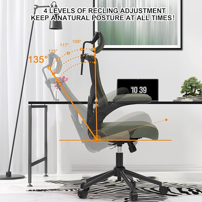 𝑯𝑶𝑴𝑬 𝑶𝑭𝑭𝑰𝑪𝑬 𝑪𝑯𝑨𝑰𝑹, Ergonomic Mesh Desk Chair, High Back Computer Chair- Adjustable Headrest with Flip-Up Arms, Lumbar Support, Swivel Executive Task Chair (Hunter Green, Modern) - LeafyLoom