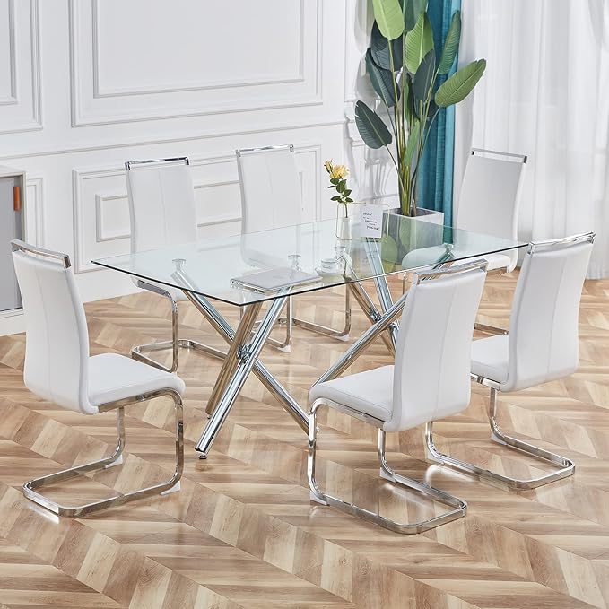 Dining Chairs Set, Kitchen Modern Metal Chairs with Faux Leather Padded Seat High Back and Sturdy Chrome Legs, Chairs for Dining Room (White-1, Set of 4) - LeafyLoom