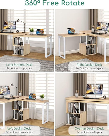 Airdown 55 Inch Reversible L Shaped Home Office Computer Desk with 2-Tier Storage Shelf for Bedroom, Dorm, Study Room, Light Oak - LeafyLoom