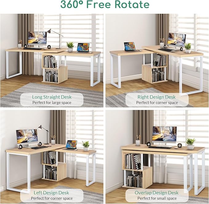 Airdown 55 Inch Reversible L Shaped Home Office Computer Desk with 2-Tier Storage Shelf for Bedroom, Dorm, Study Room, Light Oak - LeafyLoom