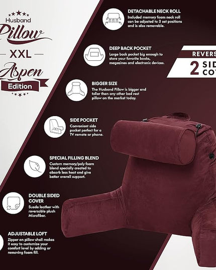 Husband Pillow XXL Aspen Edition, Adult Reading Sit Up Bed Rest Pillow for Bed with Arms & Neck Roll on Bungee Cord, Premium Memory Foam, Reversible 2 Sided Cover Micro Suede or Plush, Arizona Maroon - LeafyLoom