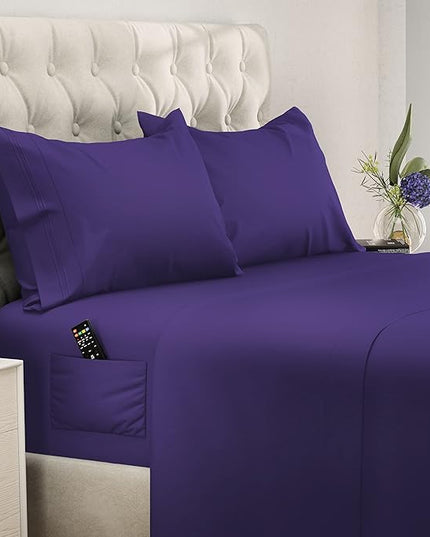 DREAMCARE Twin XL Sheet Sets - Cooling Bed Sheets - 4pcs Set - up to 15" Deep Pocket Twin XL Sheets - XL Twin Sheet Set – Soft & Long Lasting 100% Fine Brushed Polyester with Side Pocket - Purple - LeafyLoom