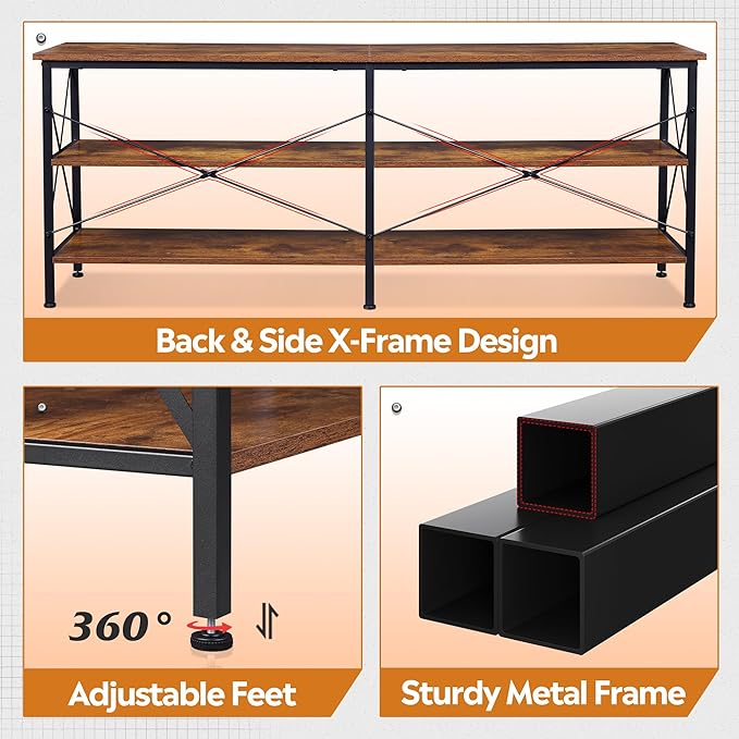 WLIVE TV Stand up to 70 Inch TV, 63" Entertainment Center with LED, TV Media Console with 3-Tier Storage Shelves for Living Room and Bedroom, Rustic Brown - LeafyLoom