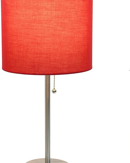 Simple Designs LT1144-RED Sleek and Slender Brushed Steel Table Lamp with Charging Outlet, for Bedroom, Living Room, Entryway, Office, Dining Room, Study, Red Shade - LeafyLoom