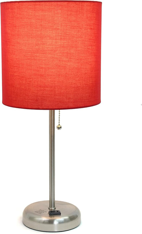 Simple Designs LT1144-RED Sleek and Slender Brushed Steel Table Lamp with Charging Outlet, for Bedroom, Living Room, Entryway, Office, Dining Room, Study, Red Shade - LeafyLoom