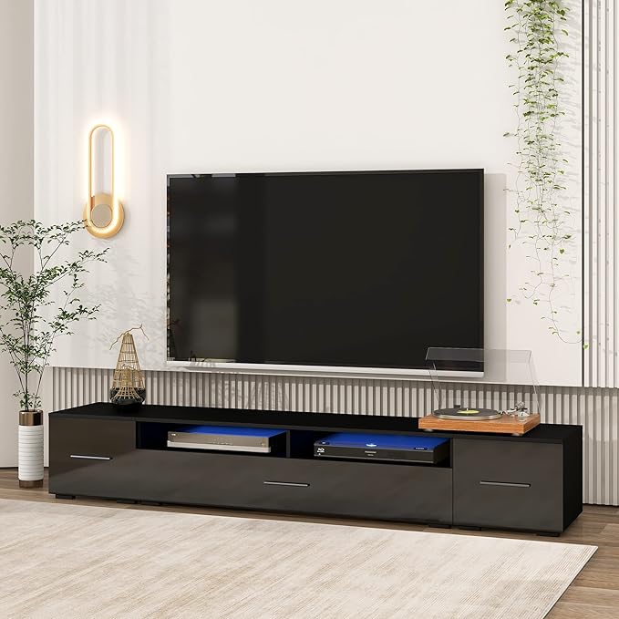 NicBex TV Stand for 90+ Inch TV LED Entertainment Center Media Storage Console Table with High Gloss TV Cabinet and 16-Color RGB LED for Living Room,Bedroom, 82.60 Inch,Black - LeafyLoom