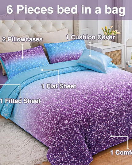 A Nice Night Girls Comforter Set Twin Size 6 Piece Bed in A Bag 3D Colorful Sparkle Galaxy Rainbow Bedding Comforter Sheet Sets for Kids,BluePurple - LeafyLoom