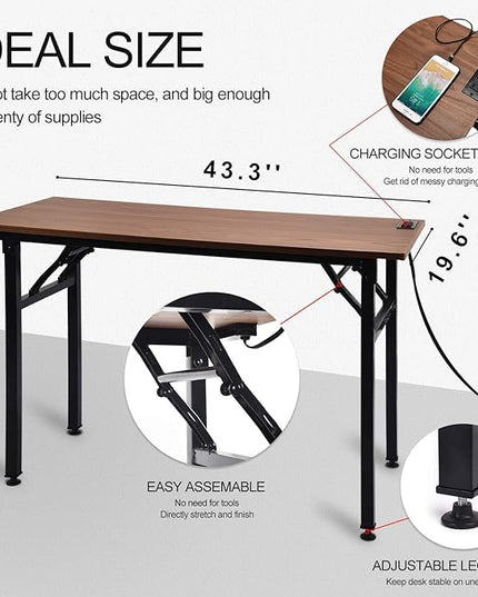 Frylr Folding Computer Desk with Plugs & USB Ports, Home Office Desks Foldable 43.3x19.6x29.5 Inch Study Table for Student Writing Desk for PC/Laptop, No Installation, Walnut + Black Leg - LeafyLoom