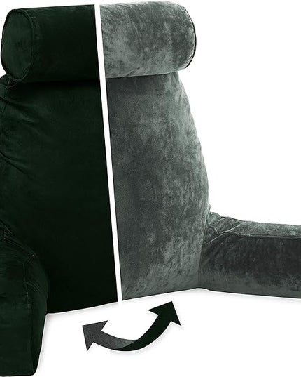 Husband Pillow XXL Aspen Edition, Adult Reading Sit Up Bed Rest Pillow for Bed with Arms & Neck Roll on Bungee Cord - Premium Memory Foam, Reversible 2 Sided Cover Micro Suede or Plush, Ramona Green - LeafyLoom