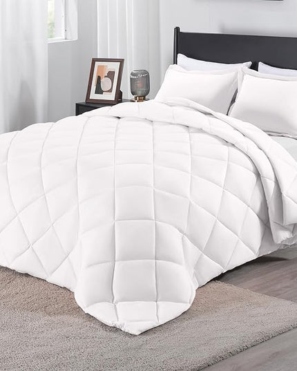 downluxe Queen Comforter Set - White Comforter Set Queen, 3 Pieces Solid Comforter Set Queen Size for All Seasons, 1 Lightweight Fluffy Comforter (88"x92") and 2 Pillow Shams - LeafyLoom