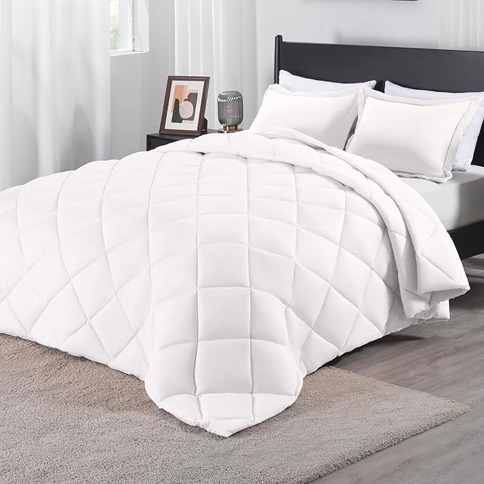downluxe Queen Comforter Set - White Comforter Set Queen, 3 Pieces Solid Comforter Set Queen Size for All Seasons, 1 Lightweight Fluffy Comforter (88"x92") and 2 Pillow Shams - LeafyLoom