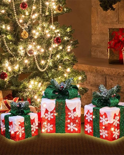 [Large 10"x8.5"x6.5" Christmas Set of 3 Lighted Gift Boxes Decorations Pre-lit 70 Super-Bright LED with Flashers,for Indoor Outdoor Christmas Tree Skirt Ornament Pathway Holiday Party Home GLOWNOVA