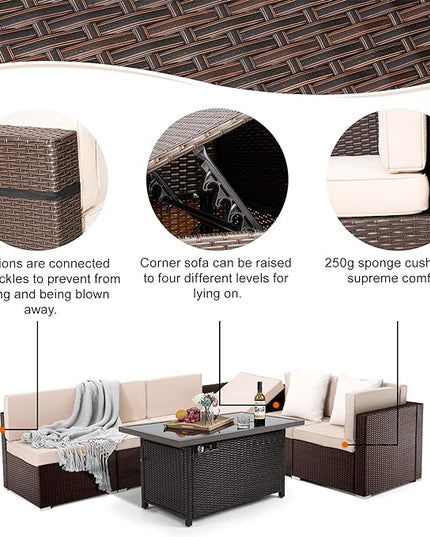 Pamapic 8 Pieces Patio Conversation Sets with fire Pit, Patio Furniture Sectional Sofa with Gas Fire Pit Table (Brown Wicker,Beige Cushions) - LeafyLoom