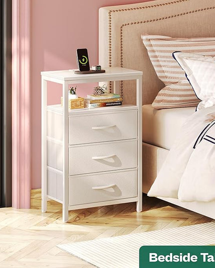 Nightstand with Charging Station, 27.6 Inch Side Table with Drawers, PU Leather Finish, End Table Bedside Table with USB Ports and Outlets, Night Stand for Bedroom, White - LeafyLoom