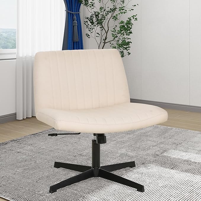 FDW Criss Cross Chair Armless Cross Legged Office Desk Chair Adjustable Swivel Ergonomic Desk Chair No Wheels U Shaped Backrest with Wide Seat Native Sponge Computer Task Vanity Chair for Home Office - LeafyLoom