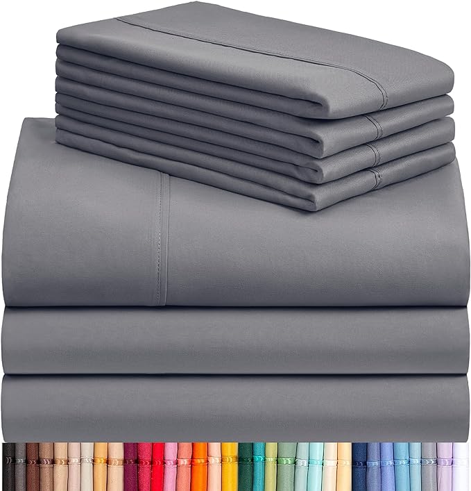 LuxClub 7 PC Split King Sheet Set, Breathable Luxury Bed Sheets, Deep Pockets 18" Eco Friendly Wrinkle Free Cooling Sheets Machine Washable Hotel Bedding Silky Soft - Light Grey Split King - LeafyLoom