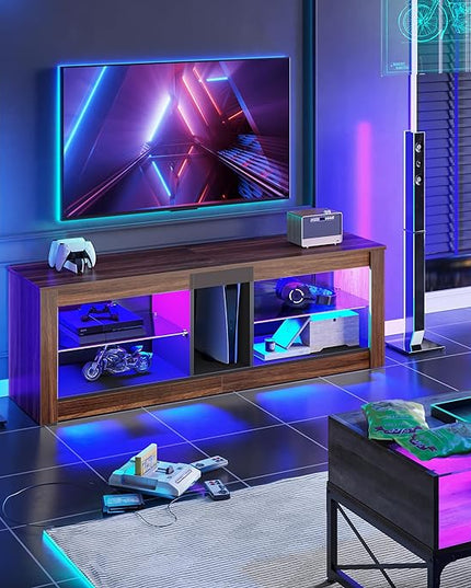 Bestier 55 Inch TV Stand with LED light, Adjustable Glass Shelves, 22 Dynamic RGB Colors, P2 Particle Board, for Entertainment Center, Living Room, Gaming Room, and Bedroom, Dark Walnut - LeafyLoom
