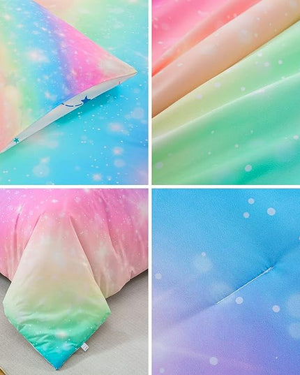 6 Pcs Bed in A Bag Glitter Galaxy Comforter Set Twin Size, Ombre Pink Rainbow Bedding Sets with Sheets for Girls - LeafyLoom