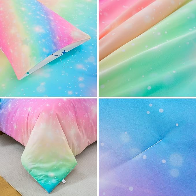 6 Pcs Bed in A Bag Glitter Galaxy Comforter Set Twin Size, Ombre Pink Rainbow Bedding Sets with Sheets for Girls - LeafyLoom