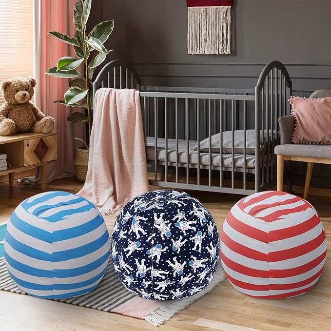2 PCS Stuffed Animal Storage Bean Bag Chair Cover, Cotton Canvas Beanbag with Zipper for Organizing Kid's and Adults Room Blue Astronaut 24" - LeafyLoom