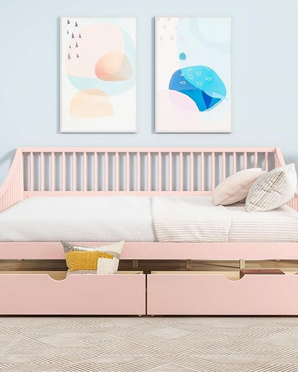 Full Size Daybed with Two Drawers,Solid Wood Storage Bed Frame W/Wooden Slat Support,Guide Rail Design on Three Sides,Easy to Assemble,for Bedroom Living Room,Pink - LeafyLoom