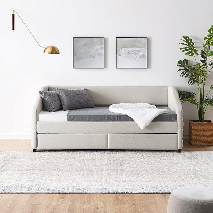 Twin Size Linen Upholstered Daybed with Two Storage Trundle Drawers, Solid Wooden Bed Frame w/Tufted Decorate, No Box Spring Needed, for Kids, Bedroom, Dorm, Beige-5 - LeafyLoom