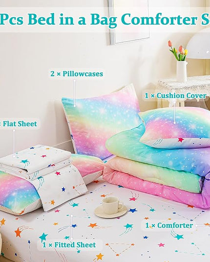 6 Pcs Bed in A Bag Glitter Galaxy Comforter Set Twin Size, Ombre Pink Rainbow Bedding Sets with Sheets for Girls - LeafyLoom