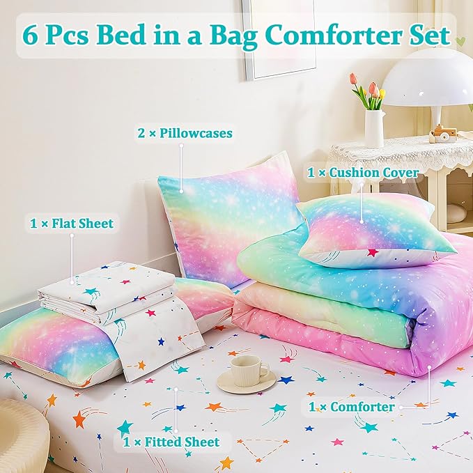 6 Pcs Bed in A Bag Glitter Galaxy Comforter Set Twin Size, Ombre Pink Rainbow Bedding Sets with Sheets for Girls - LeafyLoom