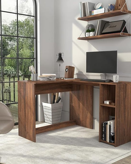 FurnitureR 47.2-Inch L-Shaped Computer Desk Home Office Study Writing Corner Gaming Table Retro Design Work Station Space-Saving for Study Room Bedroom, Walnut - LeafyLoom
