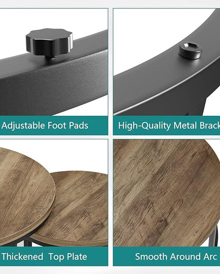 Nesting Coffee Table Set of 2, 23.6" Round Coffee Table Wood Grain Top with Adjustable Non-Slip Feet, Industrial End Table Side Tables for Living Room Bedroom Balcony Yard - LeafyLoom