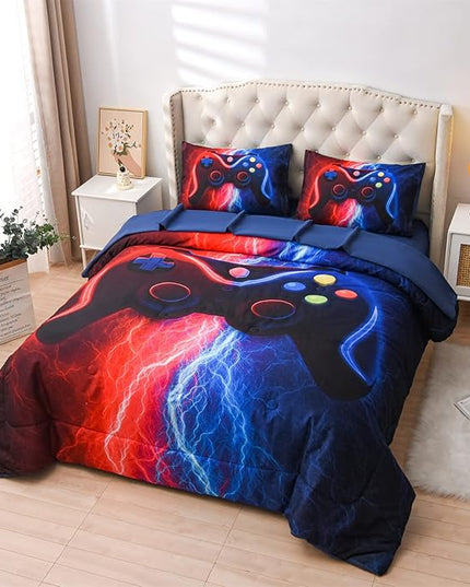 Meeting Story Gamer Gaming Bedding Sets Red-Blue Lightnings Gamepad Comforter Set for Boys Games Console Action Buttons Novelty Colorful Modern Room Decor Home Quilt Set (Red-Blue, Twin 5Pcs) - LeafyLoom