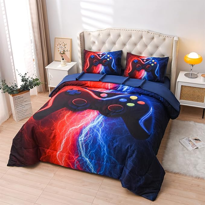 Meeting Story Gamer Gaming Bedding Sets Red-Blue Lightnings Gamepad Comforter Set for Boys Games Console Action Buttons Novelty Colorful Modern Room Decor Home Quilt Set (Red-Blue, Twin 5Pcs) - LeafyLoom