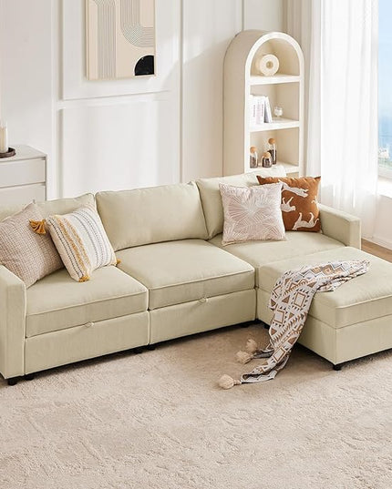 Sweetcrispy Convertible Sectional Sofa Couch, 4 Seat Sofa Set with Storage for Living Room, L-Shaped Modern Modular Sofa Sleeper with Ottoman, Comfy Sofa Couch with Extra Deep Seats, Beige - LeafyLoom